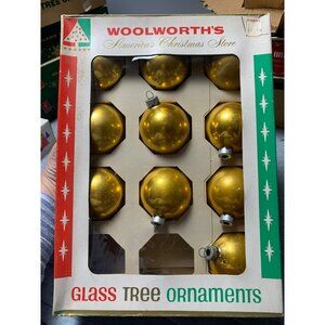 Vintage Woolworths Gold Glass Christmas Tree Ornaments Original Box Set of 10 19